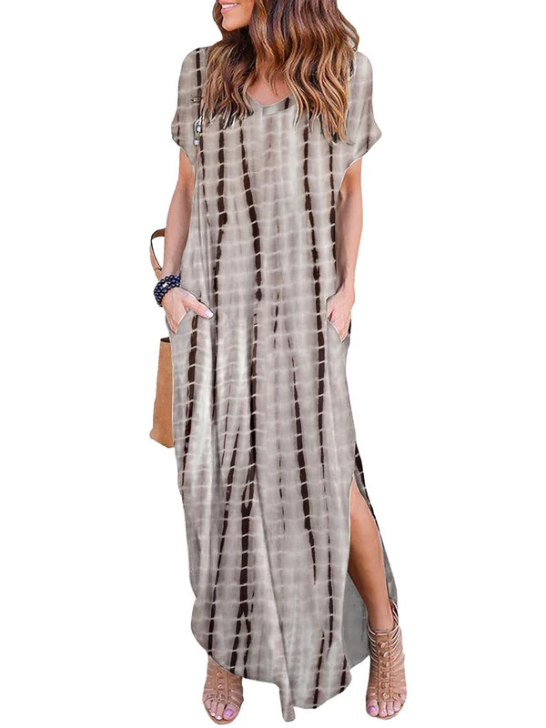 HUSKARY Women's Summer Maxi Dress Casual Loose Pockets Long Dress Short Sleeve Split, Brown, L