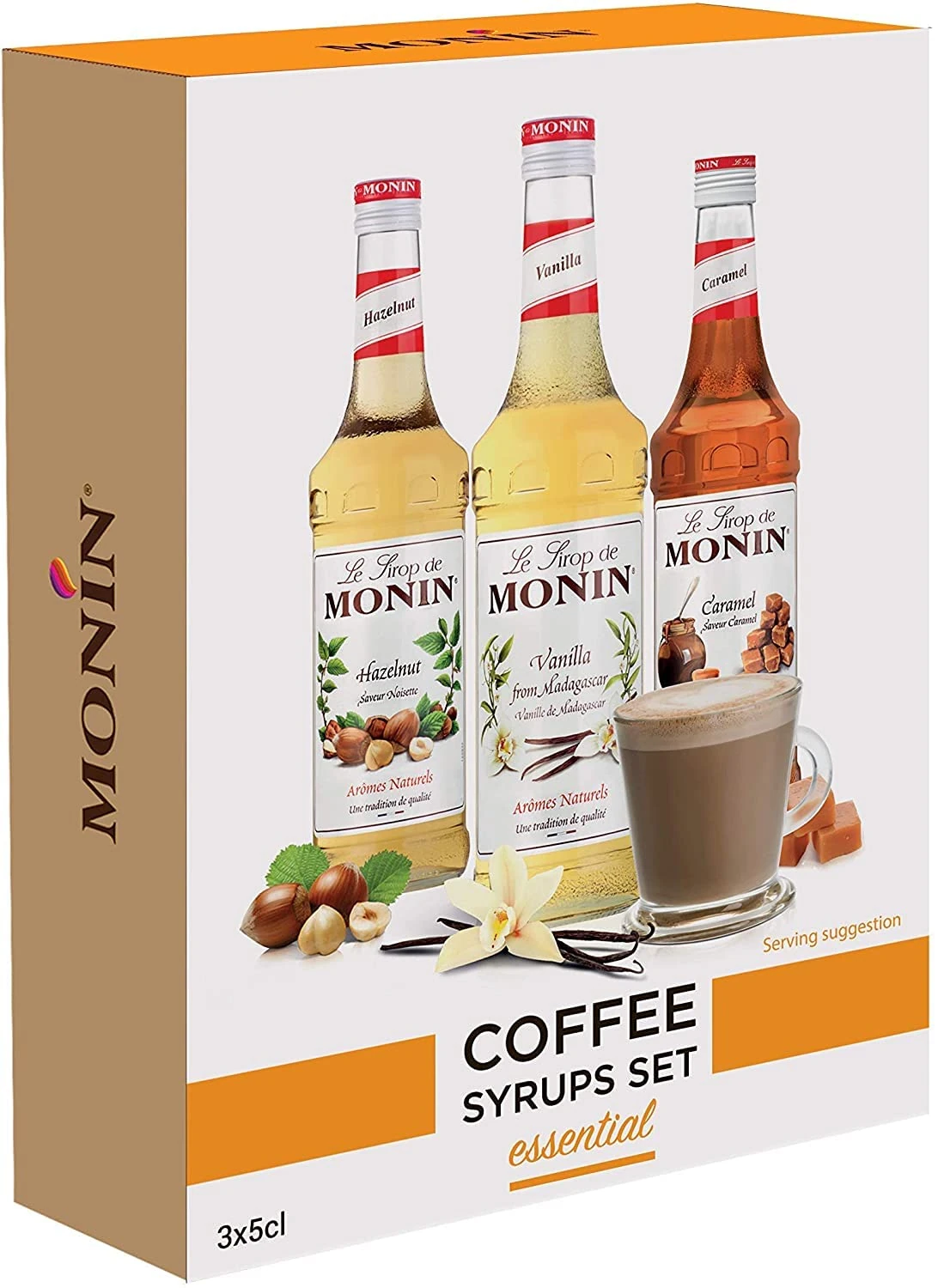 MONIN Premium Coffee Syrup Gift Set 3x5cl. 1x Vanilla, 1x Caramel, 1x Hazelnut. Make A Caramel Iced Latte, Vanilla Flat White, Vegan-Friendly, 100% Natural Flavours