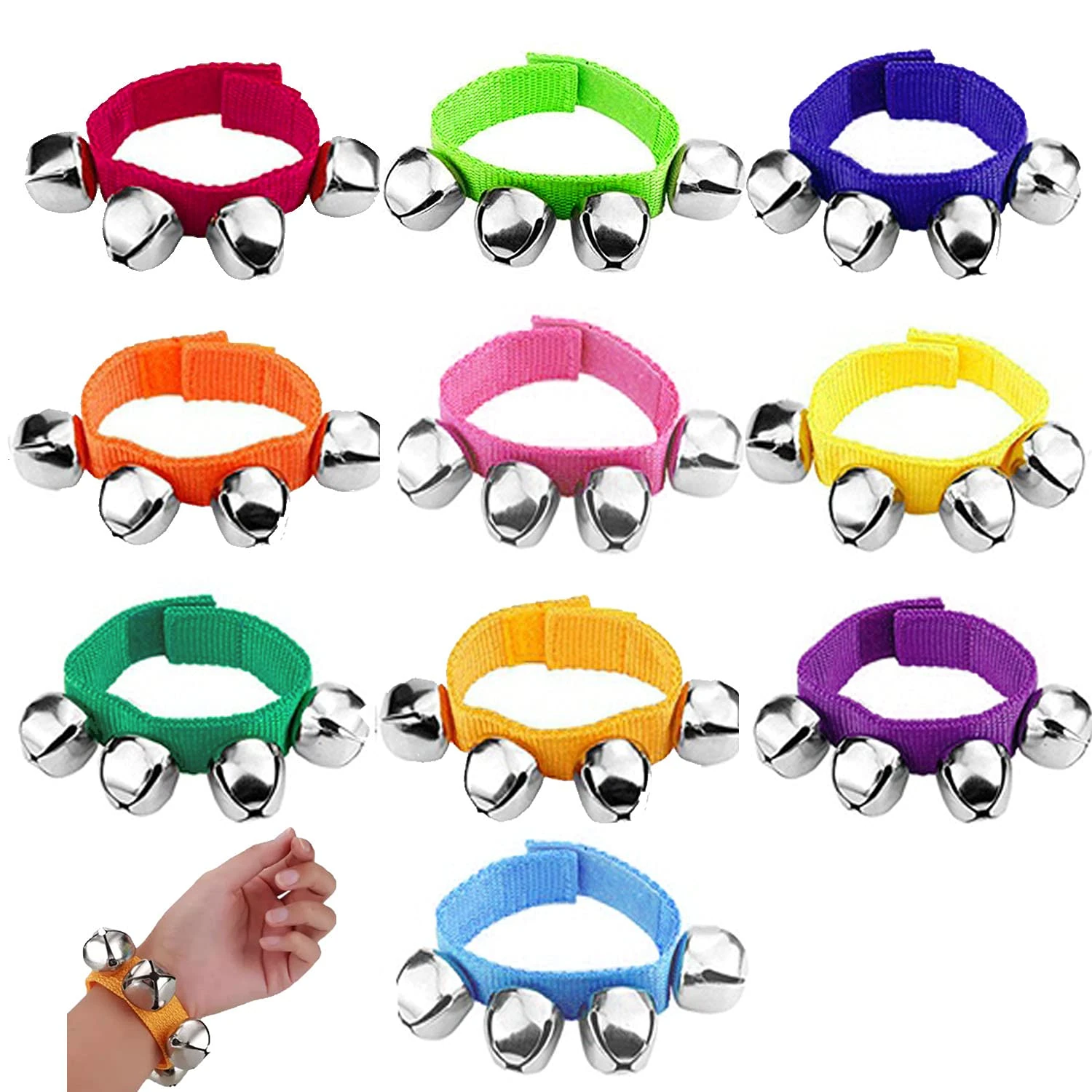 10Pcs Wrist Bells Multicolor Wrist Band Jingle Bells Musical Rhythm Bracelet Ankle Bells Rattles Instrument for Kids Adult Class Party