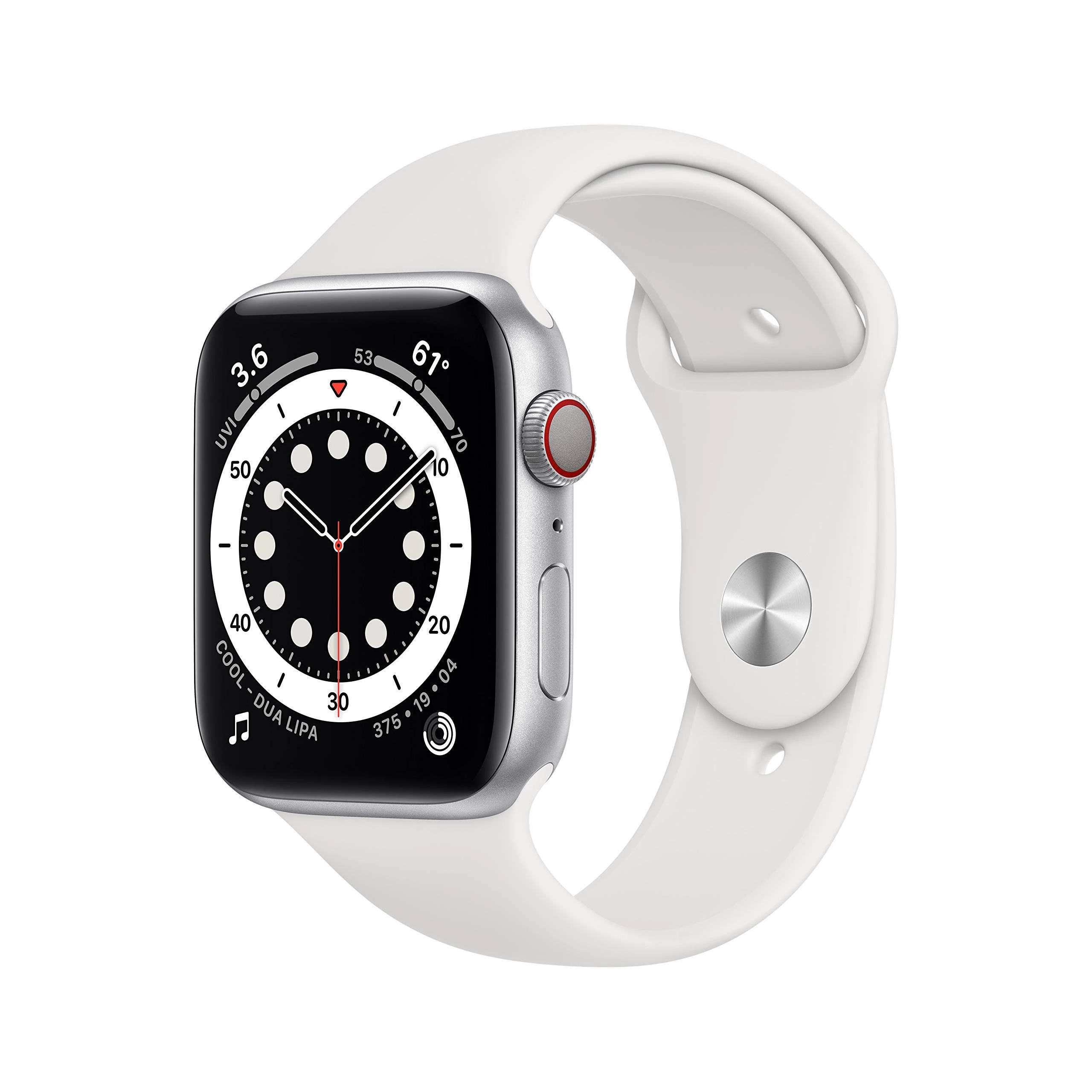 Apple Watch Series 6 (GPS + Cellular, 44MM) Silver Aluminium Case with White Sport Band (Renewed)