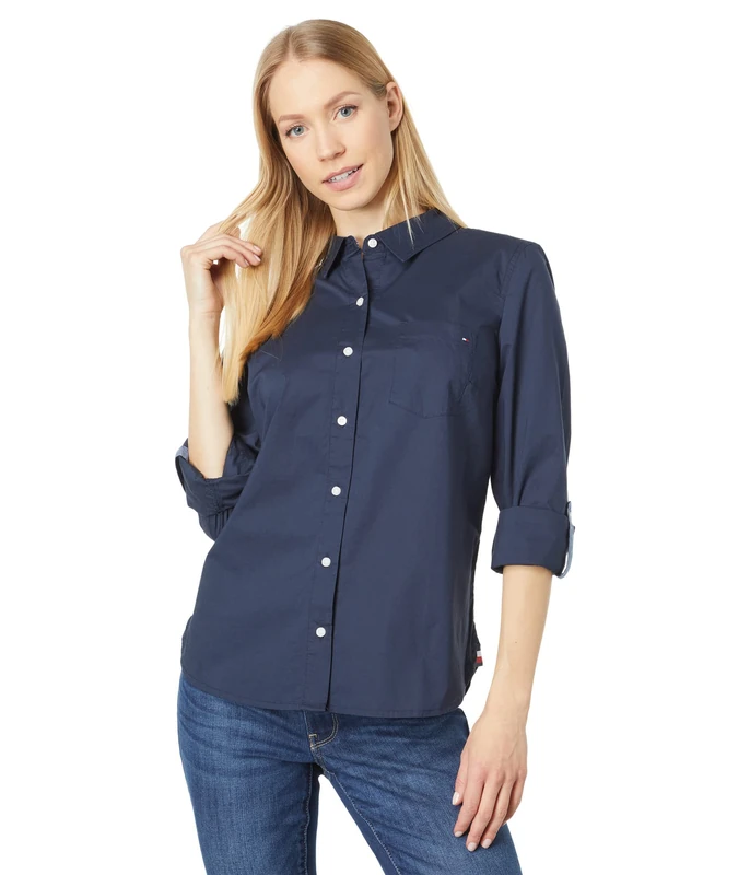 Tommy Hilfiger Button-Down Shirts for Women, Casual Tops, Sky Captain, XXL