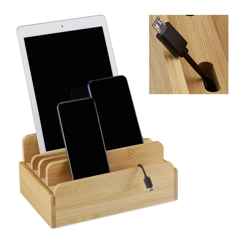 Relaxdays Charging Station, Tablet & Smartphone, Cable Organiser, H x W x D: 10 x 22.5 x 15, Bamboo, Natural