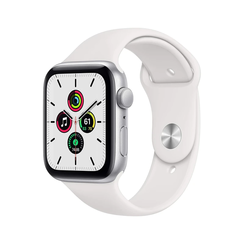 Apple Watch SE 2020 (GPS, 44MM) - Silver Aluminium Case with White Sport Band (Renewed)