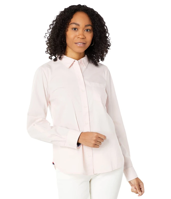 Tommy Hilfiger Women's Classic Long Sleeve Roll Tab Button Down Shirt (Standard and Plus Size), Ballerina Pink 01, Large
