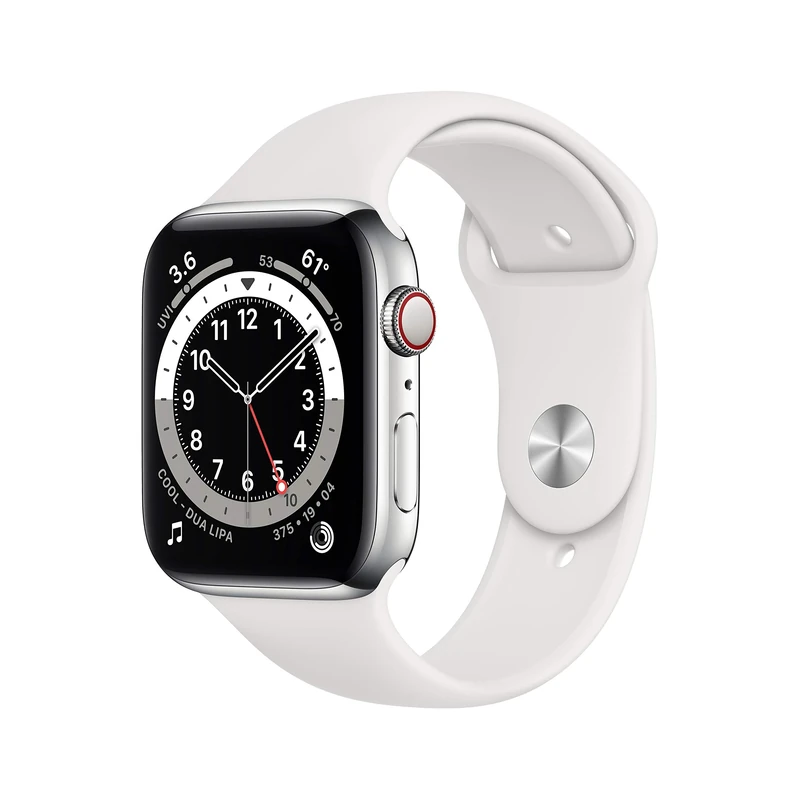 Apple Watch Series 6 (GPS + Cellular, 44MM) - Silver Stainless Steel Case with White Sport Band (Renewed)