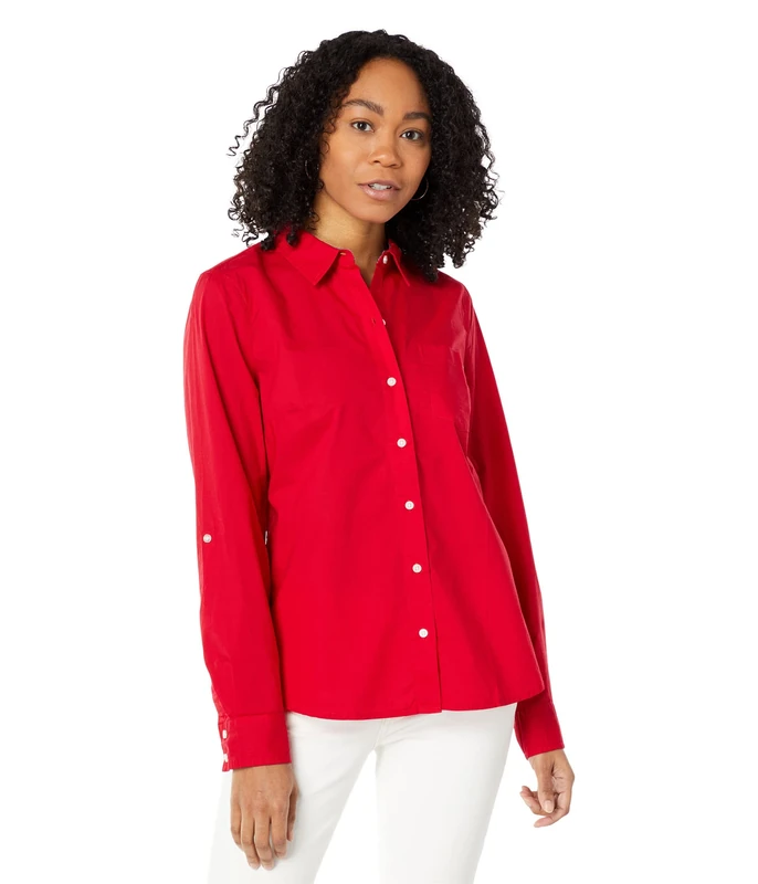 Tommy Hilfiger Women's Solid Button Collared Shirt with Adjustable Sleeves, Scarlet 01, XS