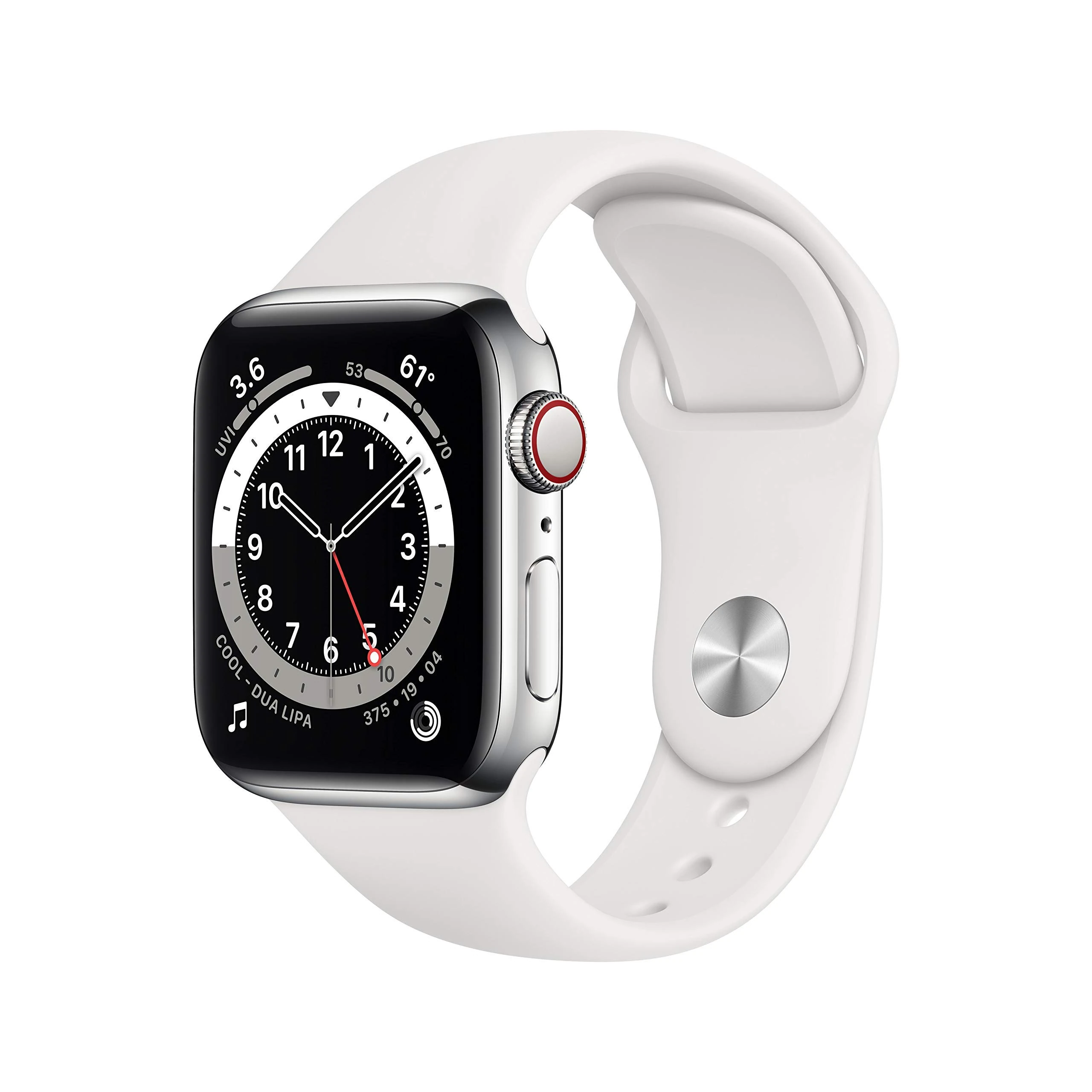 Apple Watch Series 6 (GPS + Cellular, 40mm) Silver Stainless Steel Case with White Sport Band (Renewed)