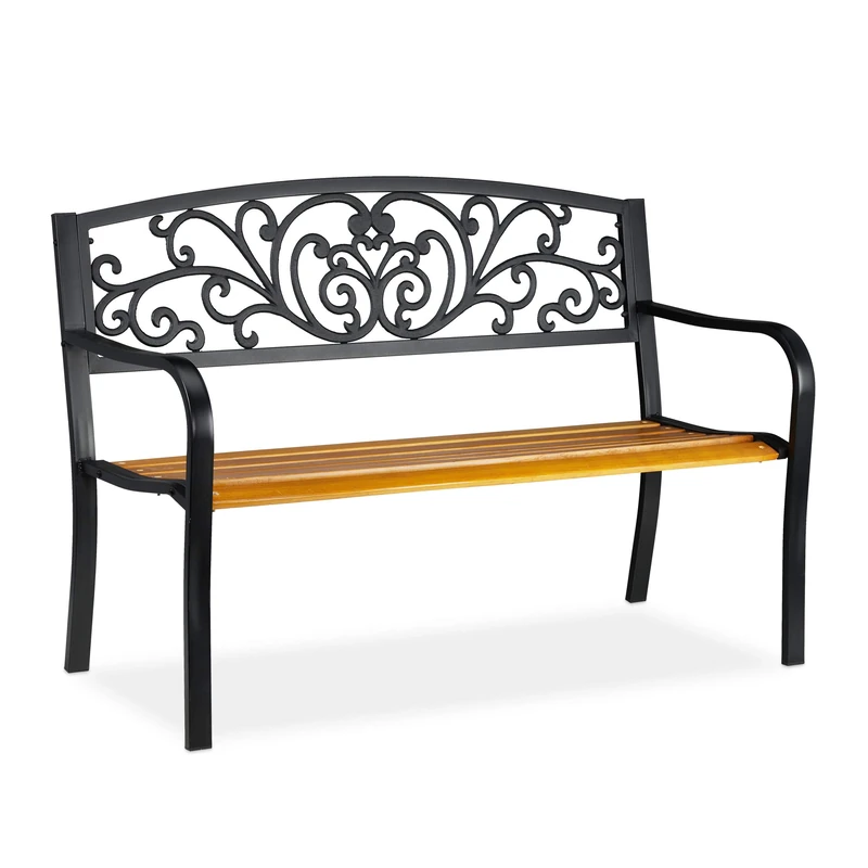 Relaxdays Garden Bench, Comfortable 2-Seater, Balcony, Terrace, Stable, Steel & Wood, HWD: 86.5 x 127 x 59 cm, Black