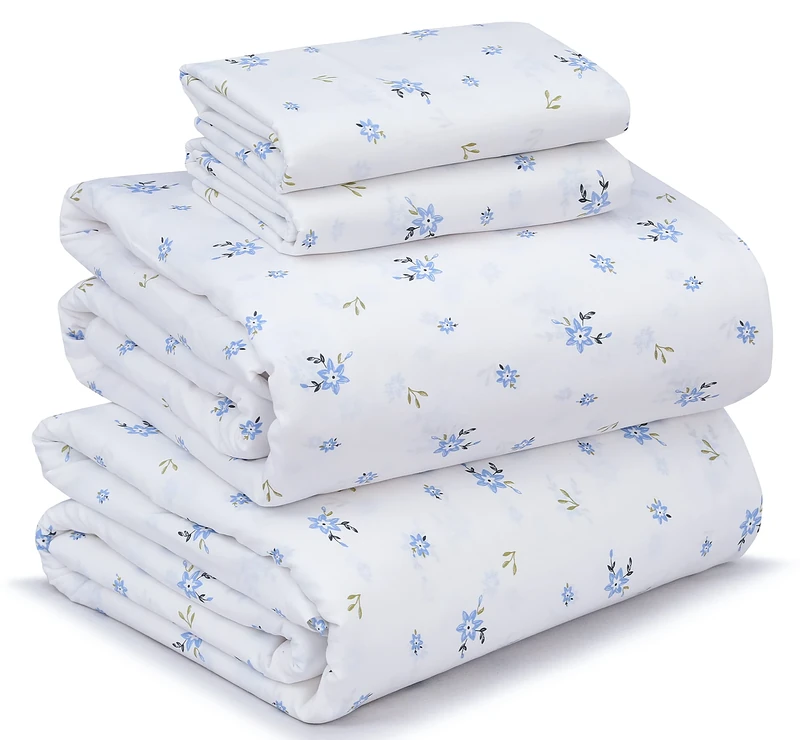 RUVANTI 100% Cotton Sheet - Soft & Breathable King Sheet Set - Deep Pocket King Size - Crispy Percale - Blue Floral - Moisture Wicking - 4 Pieces