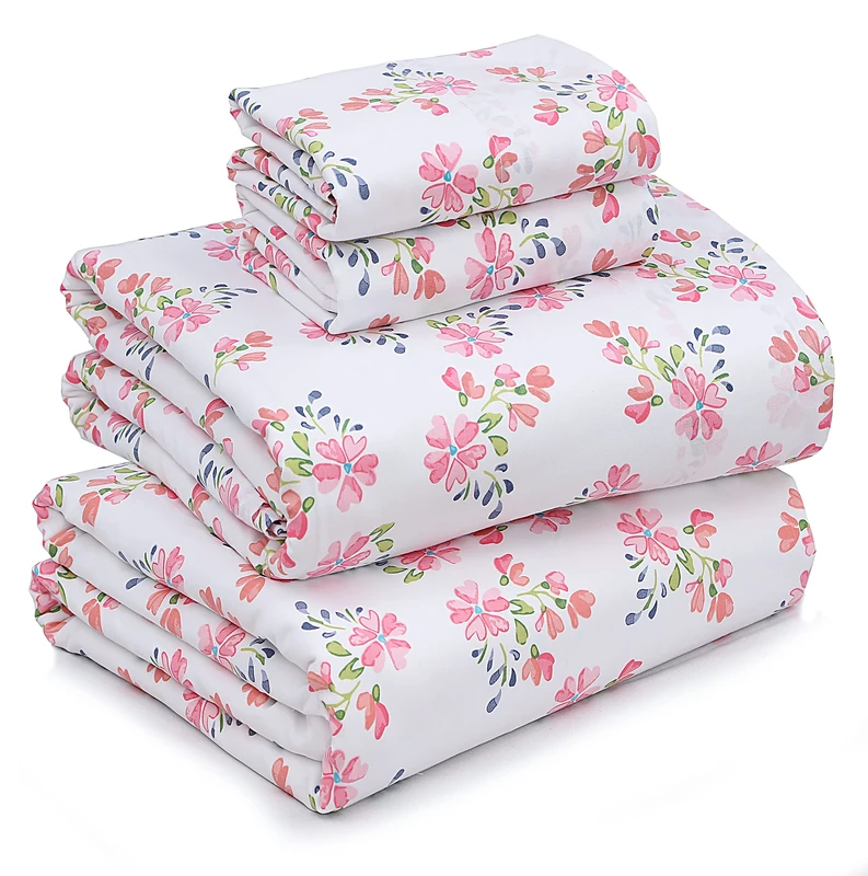 Ruvanti 100% Cotton Queen Sheets - Pink & Green Floral Percale - Breathable & Durable - 16 Inch Deep Pocket - 4 Piece Set