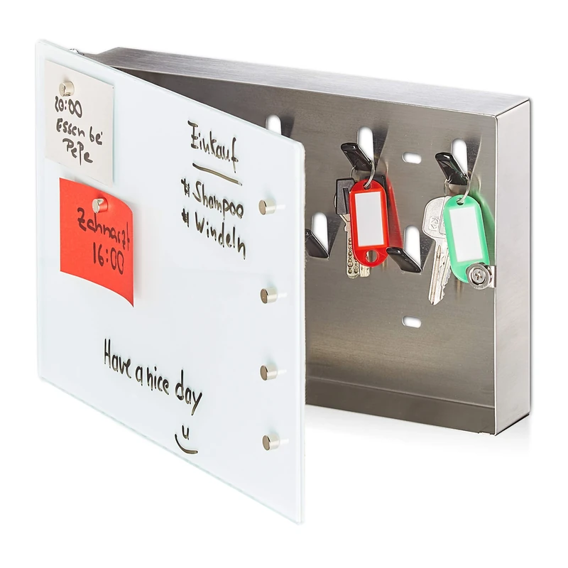 Relaxdays Key Cabinet, Glass Magnetic Board, 20 x 30 cm, Key Box, 6 Magnets, Writable, Memo Board, Steel, White/Silver