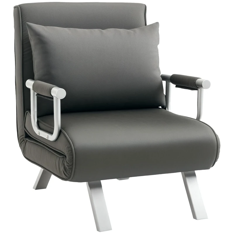 HOMCOM Single Chair Bed, Click Clack Convertible Bed Settee, Modern Faux Suede Upholstered Lounge Couch with Pillow for Living Room, Guest Room, Grey