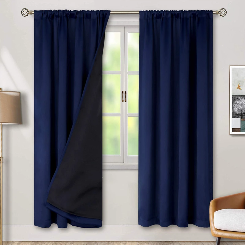 BGment Thermal Insulated 100% Blackout Curtains for Bedroom with Black Liner, Double Layer Full Room Darkening Noise Reducing Rod Pocket Curtain (52 x 72 Inch, Navy Blue, 2 Panels)