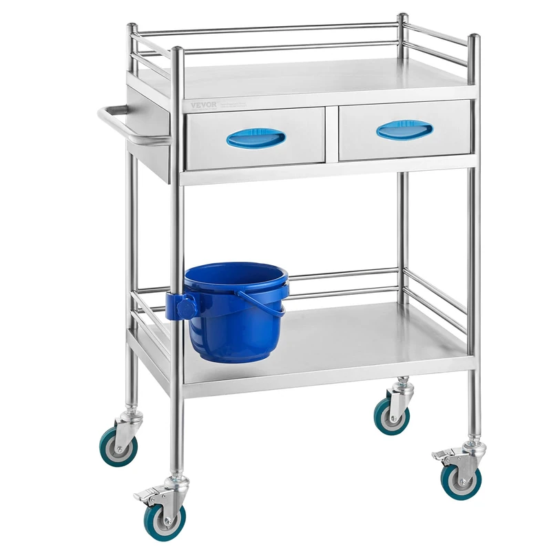 VEVOR 2-Layer Medical Cart with 2-Drawer Stainless Steel Hurtling Equipment for Hospitals, Clinics - Max Load 80kg