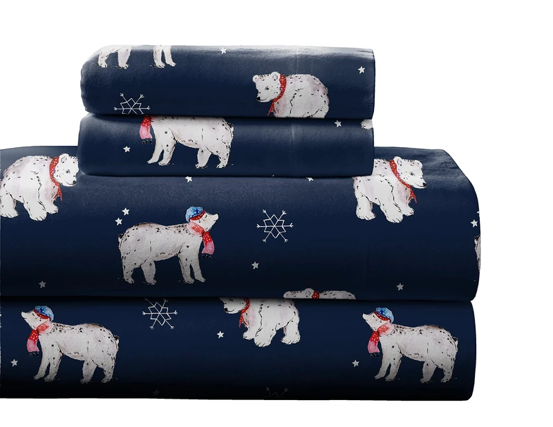 Pointehaven 180 GSM Cotton Flannel Sheet Set - Queen, Snow Bear, Blue (F180QNSHTSSB)