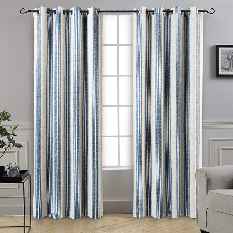 DriftAway Chris Vertical Striped Pattern Linen Blend Lined Thermal Insulated Blackout and Room Darkening Linen Curtains for Farmhouse Printed 2 Panels 52 Inch by 84 Inch Jean Navy