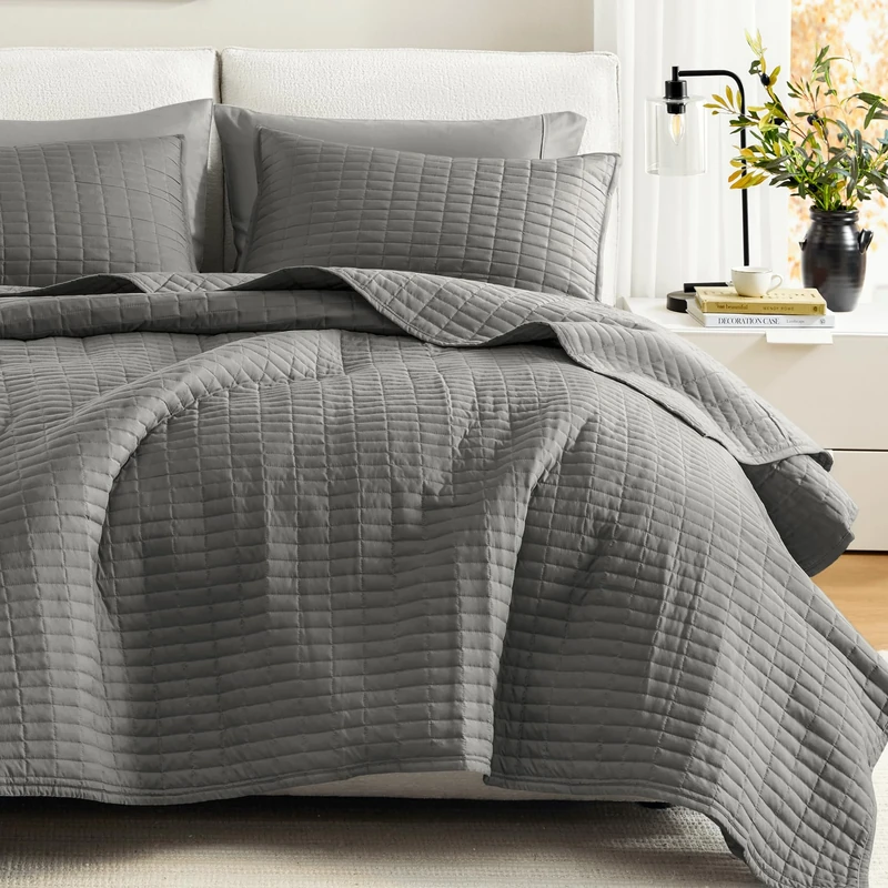Comfort Spaces All Season, Lightweight, Coverlet Bedspread Bedding, Matching Shams, Polyester, Microfiber, Poly fill, Charcoal Grey, Quilt King/Cal King(104"x90")
