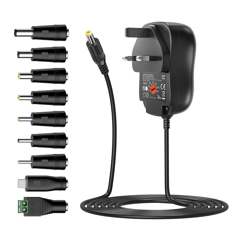 Zolt 45W Universal Power Adapter AC DC 5V 6V 7.5V 9V 12V 13.5V 15V Power Supply with 5V 2A USB Port for Household Electronics, 3A Max.