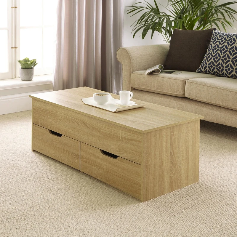 Home Source Lift Up Top Living Room Coffee Table, Pivoting Lid, Locking Support, 2 Large Storage Drawers, Oak Effect Finish