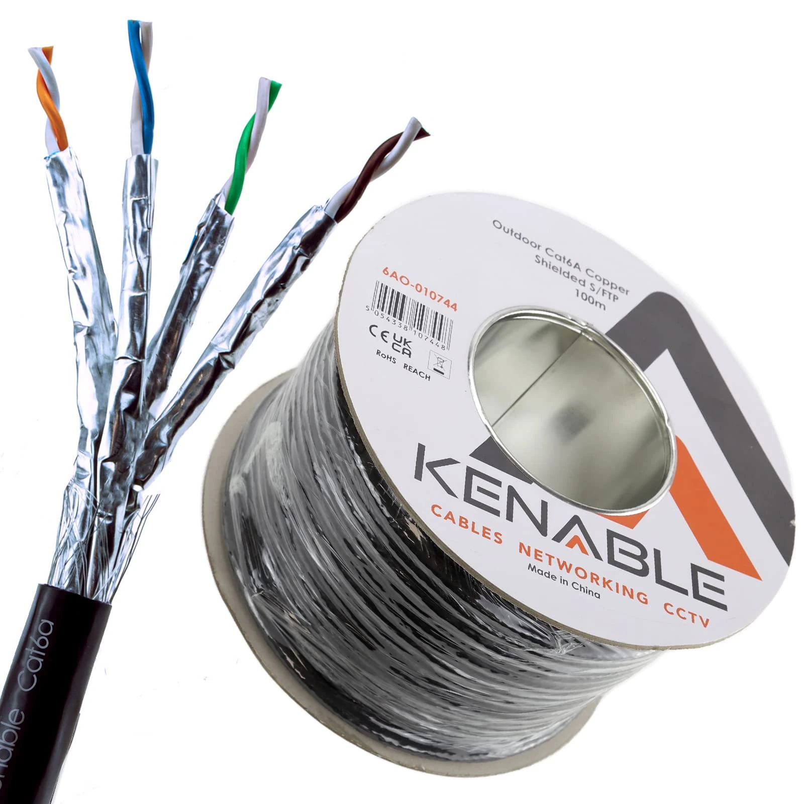 kenable External Shielded CAT6A Outdoor Use COPPER Ethernet Cable S/FTP Reel 100m Black [100 metres] for 10 Gigabit High Speed Networking - Futureproof - All POE compatible