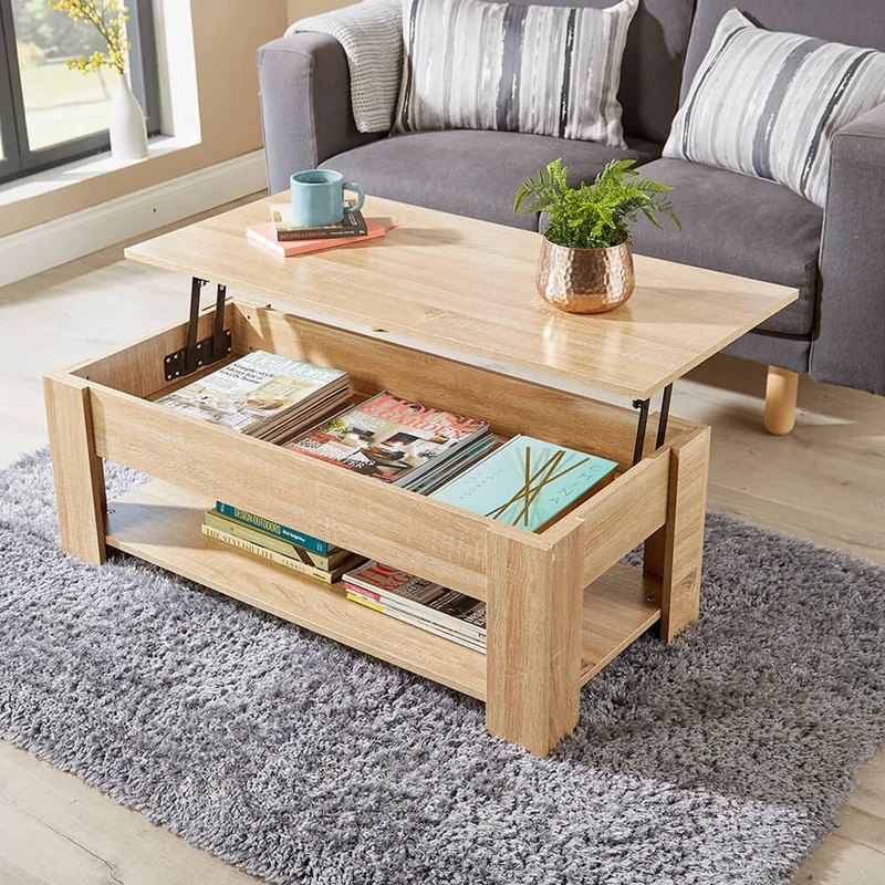 Home Source Coffee Table with Lift Up Top Storage Area and Magazine Shelf, Oak Effect