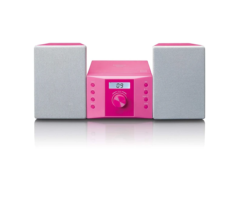 Lenco MC-013PK Stereo System - Compact System for Children - Radio CD Player - LCD Display - AUX Input - 2 x 2 Watt RMS - with Stickers - Pink