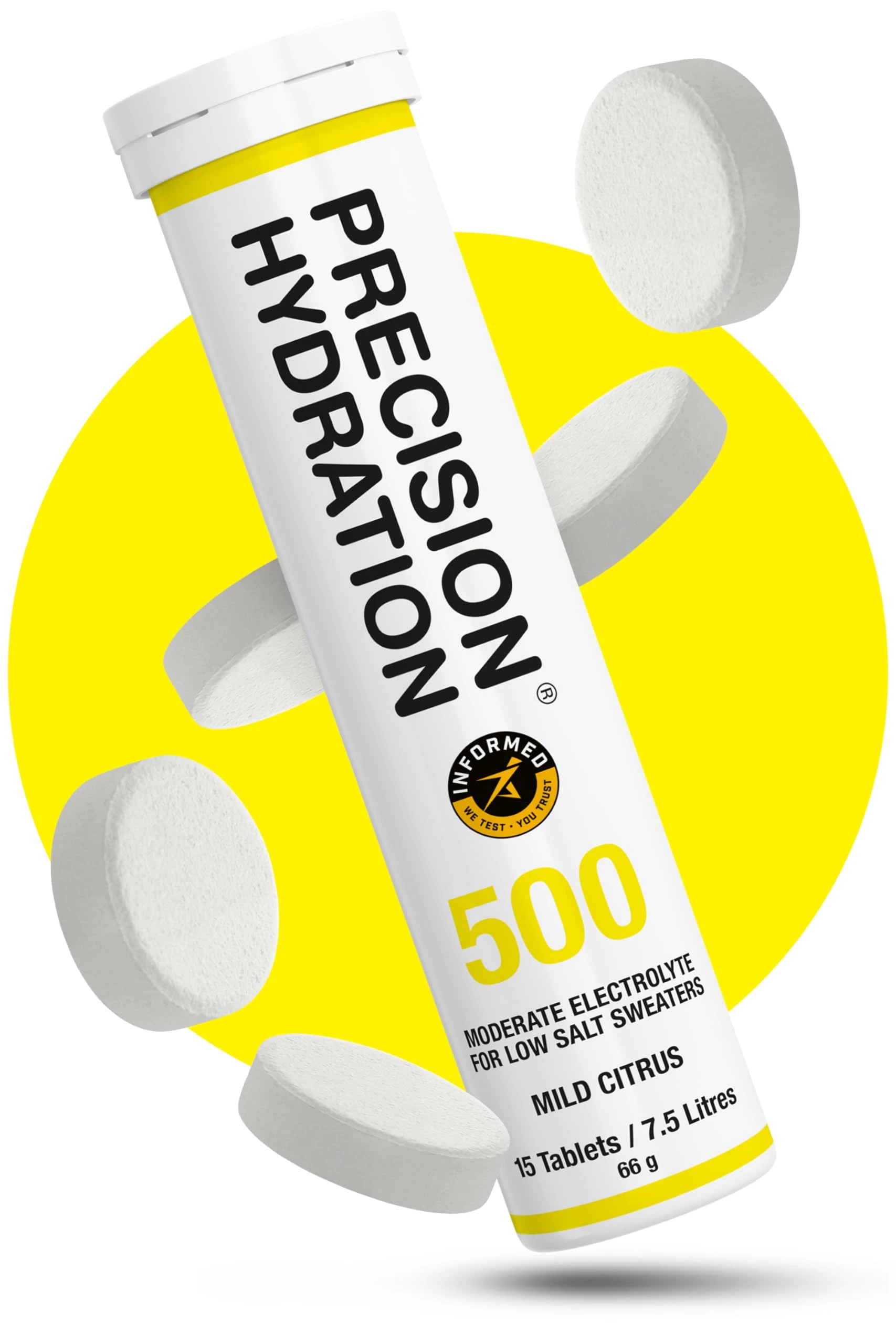 Precision Hydration Electrolyte Tablets - Multi Strength Effervescent Hydration Tablets - Combats Cramp - Low Calorie, Gluten Free, Vegan/Vegetarian Friendly (1 Tube, 500mg/L - Yellow Tube)