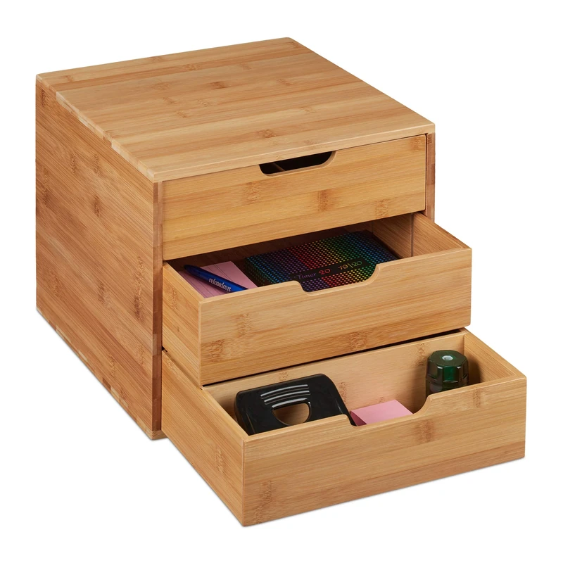 Relaxdays Desk Organiser, 3, Office Supplies, Bamboo Tray, Drawer Box, H x W x D 26 x 30 x 31 cm, Natural