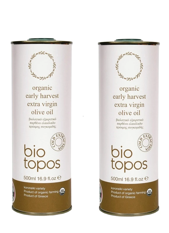 Biotopos November 2025 Early Harvest Greek Extra Virgin Cold Pressed Olive Oil, Premium Quality, Polyphenols,100% green Koroneiki, Certified Organic evoo Kalamata 500ml Tins (2 pack)