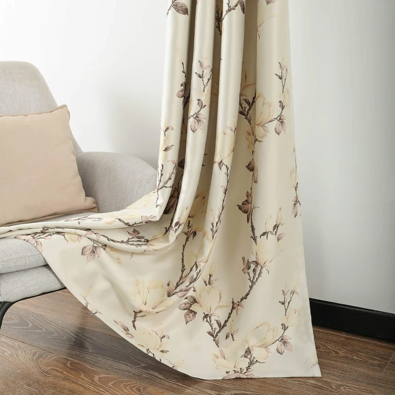 VOGOL Grommet Blackout Curtains for Living Room, Magnolia Flower Printed Thermal Insulated Room Darkening Window Drapes Curtains for Bedroom(52 x 84 Inch,2 Panels) - Image 1