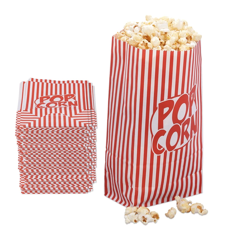 Relaxdays Popcorn Bags, Set of 144, Striped, Retro Look, Cinema, Movie Night Accessory, Cardboard, Container, Red/White
