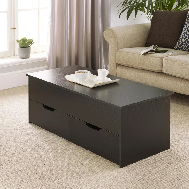 Home Source Lift Up Top Living Room Coffee Table, Pivoting Lid, Locking Support, 2 Large Storage Drawers, Black