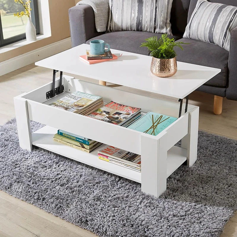 Home Source Coffee Table with Lift Up Top Storage Area and Magazine Shelf, White