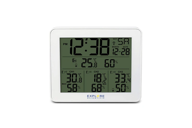 Explore Scientific WSH4003GYE000 Radio-Controlled Weather Station with Alarm, 3 Sensors, White
