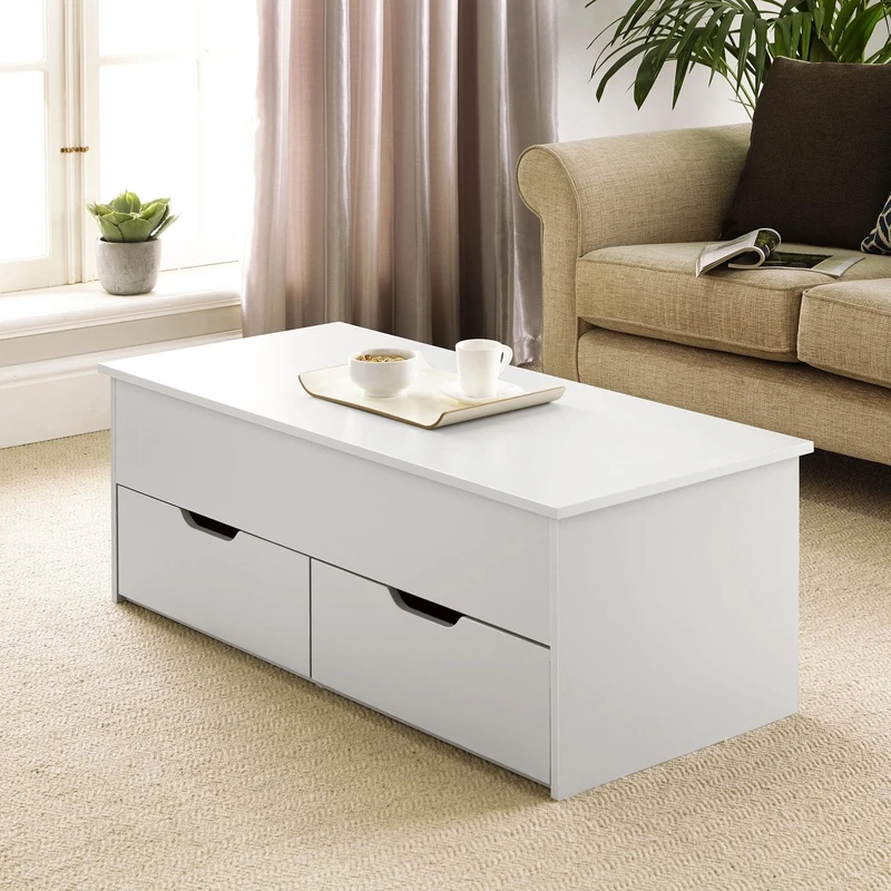 Home Source Lift Up Top Living Room Coffee Table, Pivoting Lid, Locking Support, 2 Large Storage Drawers, White