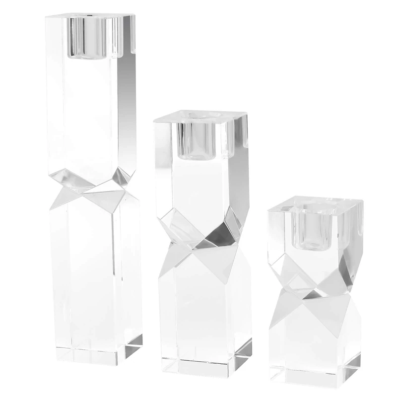 DONOUCLS Home Crystal Candlestick Holders Set of 3, Clear Crystal Taper Candles Holder, Table Centerpieces for Party and Wedding Decoration(10cm/15cm/20cm Tall)