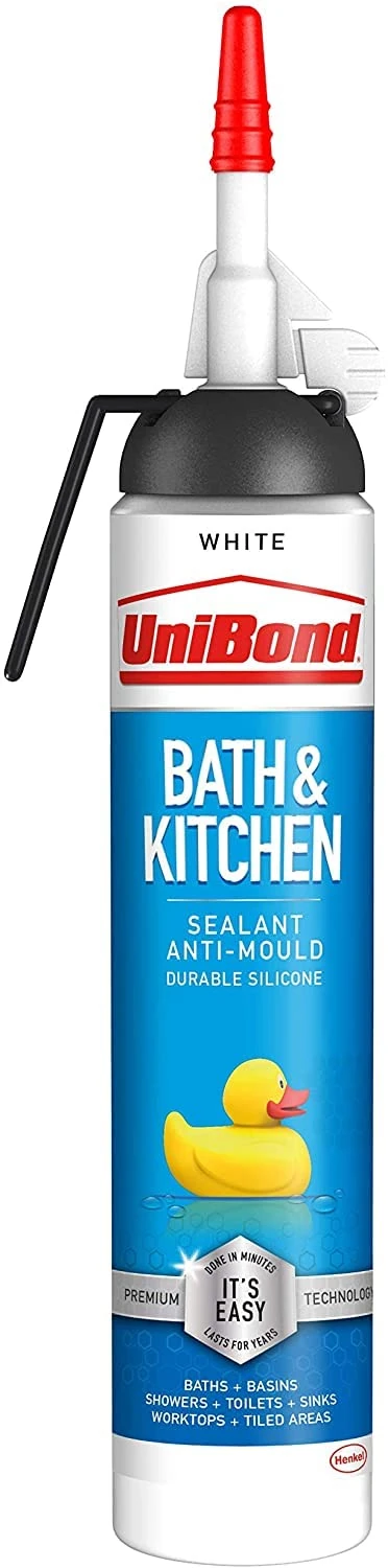 UniBond Bath & Kitchen Sealant, Mould Resistant White Silicone, Ideal for Showers, Toilets, Tiles, Worktops & More, Durable & Waterproof, Easy Bathroom Sealant, 1x208g Easy Pulse