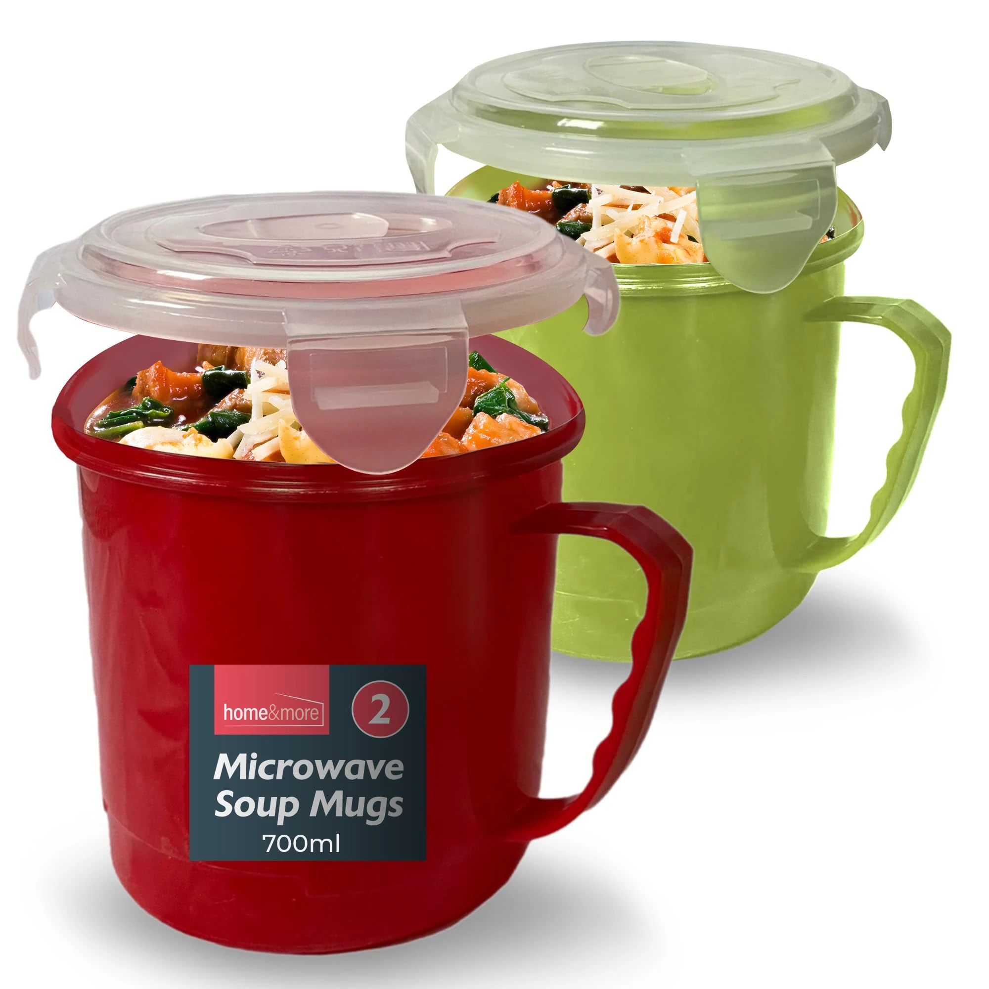 SOL 2pk Microwave Soup Mugs 700ml – Plastic Soup Containers with Handles and Lids – Stackable Bowls for Reheating and Serving – Ideal for Home, Office or School – Microwave & Dishwasher Safe