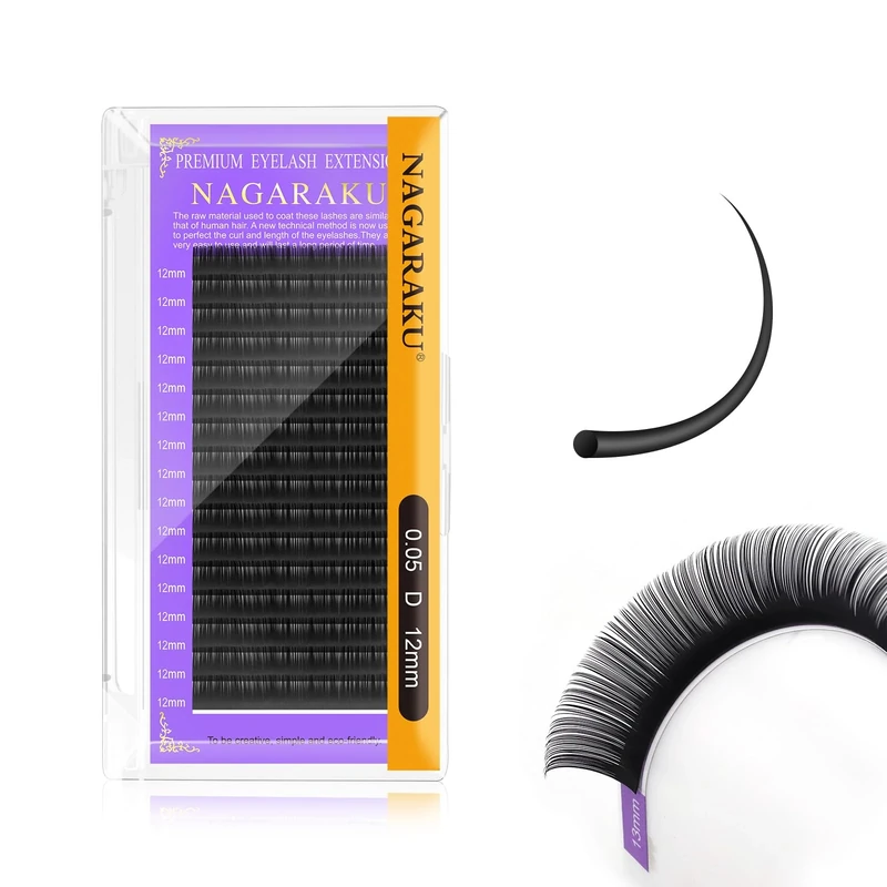 NAGARAKU Extension Eyelash Supplies Classic 1:1 Lashes Individual Volume Lash Extensions Soft Single Eyelashes Natural Semi Permanent Eyelashes Matte Black 16 Rows (0.05mm D Curl 12mm)