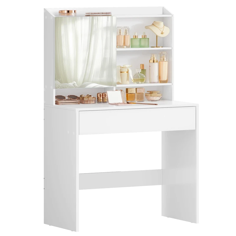VASAGLE KAILYN Collection - Dressing Table, Vanity Desk with Mirror and Drawer, Makeup Table, Adjustable Shelves, Modern Design, 40 x 70 x 135 cm, Cloud White RDT118W01