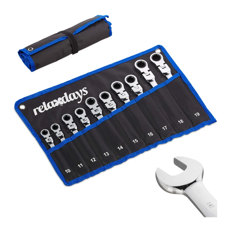 Relaxdays Spanner Set, 10 Pieces, Open-end & Ring with Ratchet & Joint, 10-19 mm, DIY Tool Kit, with Carry Bag, Black