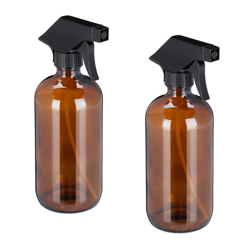 Relaxdays Set of 2 Glass Spray Bottles, 500 ml, Refillable, Nozzle with Mist & Stream, Hair Care & Cleaning, Brown