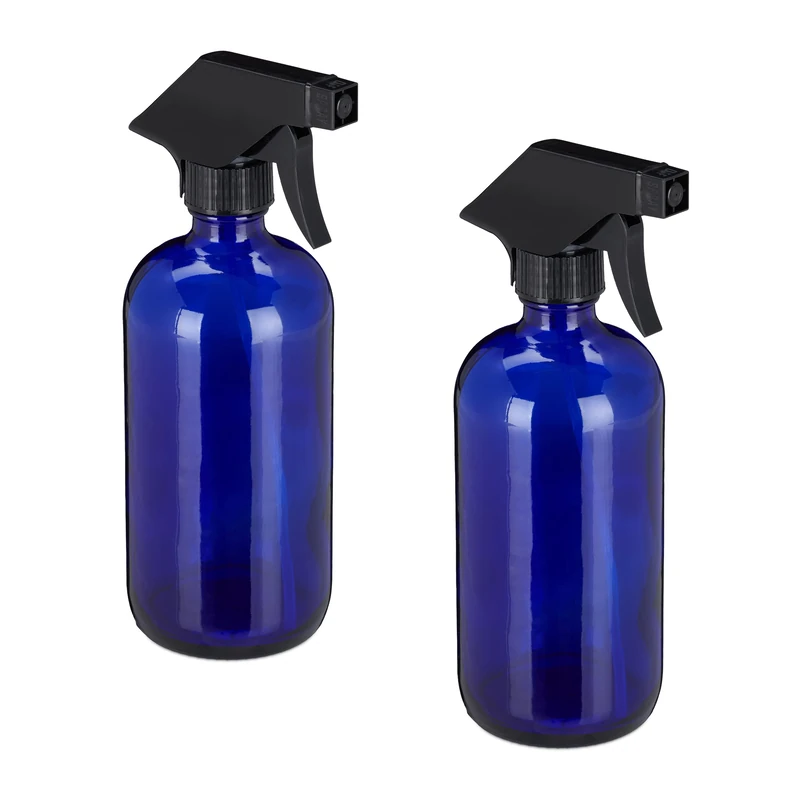 Relaxdays Set of 2 Glass Spray Bottles, 500 ml, Refillable, Nozzle with Mist & Stream, Hair Care & Cleaning, Blue, 22 x 7 x 10 cm