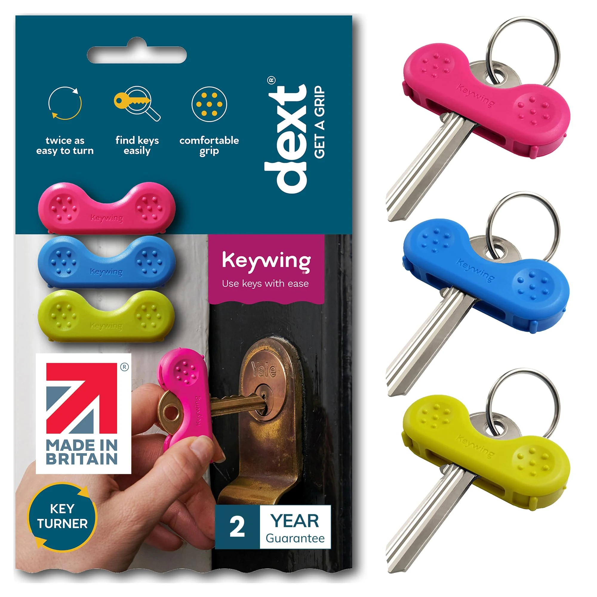 Dext - Keywing Key Turner Aid for People with Arthritis, Parkinson’s, and More, Comfortable and Secure Grip for Weak Hands, Lightweight, Durable, Click-On Design, Suitable for Flat Keys (Multipack, 3)