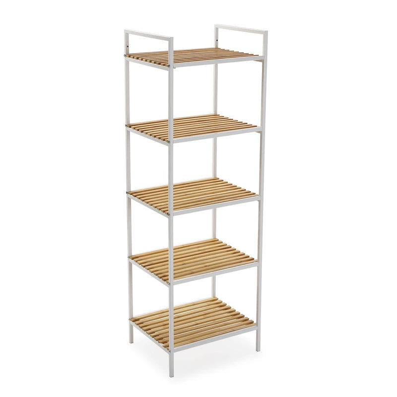 Versa Willow Furniture for Bathroom, Organiser Shelf with 5 Compartments, Dimensions (H x L x W): 120 x 32.5 x 39 cm, Bamboo and Metal, White
