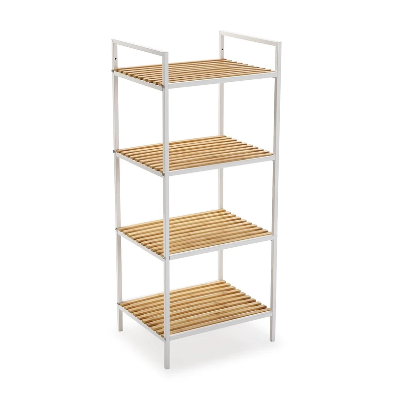 Versa Willow Bathroom Furniture, Organisational Shelving with 4 Shelves, Dimensions (H x W x H) 95 x 32.5 x 39 cm, Bamboo and Metal, Colour White