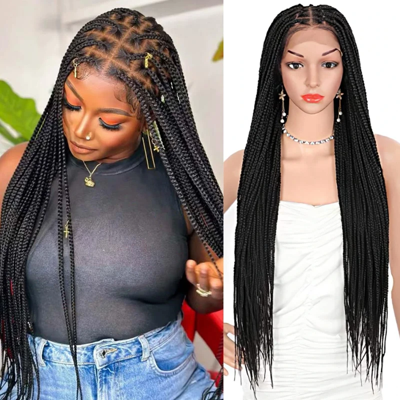 Brinbea 36 inch 13X8" HD Lace Front Knotless Box Braided Wigs Black Braided Wig with Baby Hair Human Hair Blended Lace Frontal Box Braid Wigs for Women