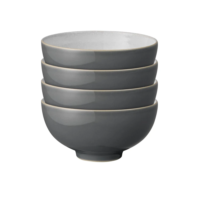 Denby - Elements Fossil Grey Rice Bowls Set of 4 - Dishwasher Microwave Safe Crockery 480ml 13cm - Dark Grey, White Ceramic Stoneware Tableware - Chip & Crack Resistant Soup Bowls