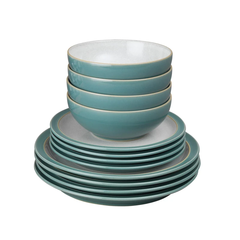 Denby - Elements Fern Green Dinner Set For 4 - 12 Piece Ceramic Tableware Set - Dishwasher Microwave Safe Crockery Set - 4 x Dinner Plates, 4 x Medium Plates, 4 x Cereal Bowls