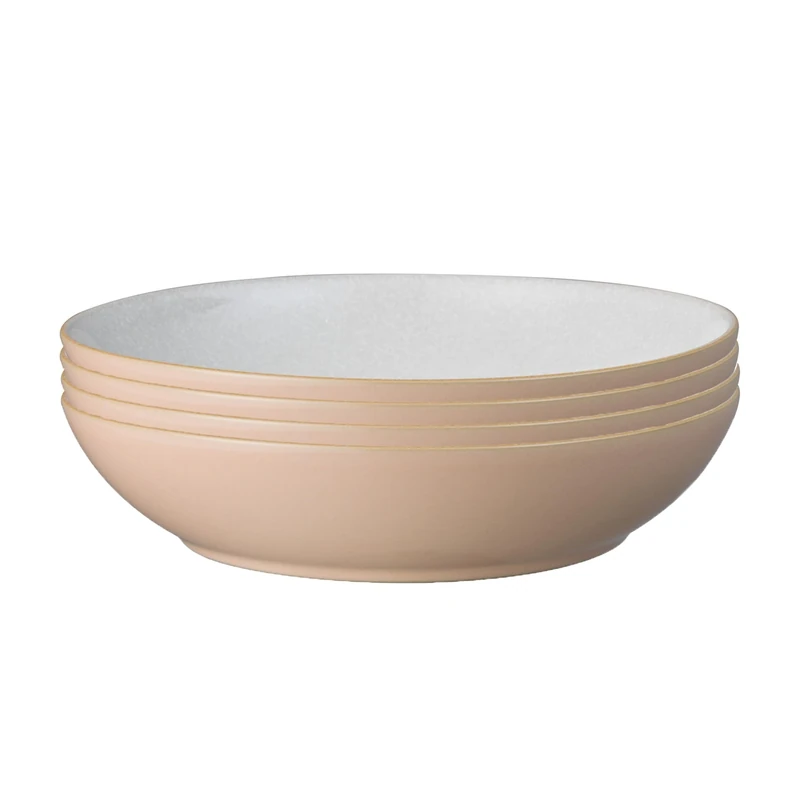 Denby - Elements Shell Peach Pasta Bowls Set of 4 - Dishwasher Microwave Safe Crockery 1050ml 22cm - Peach, White Ceramic Stoneware Tableware - Chip & Crack Resistant